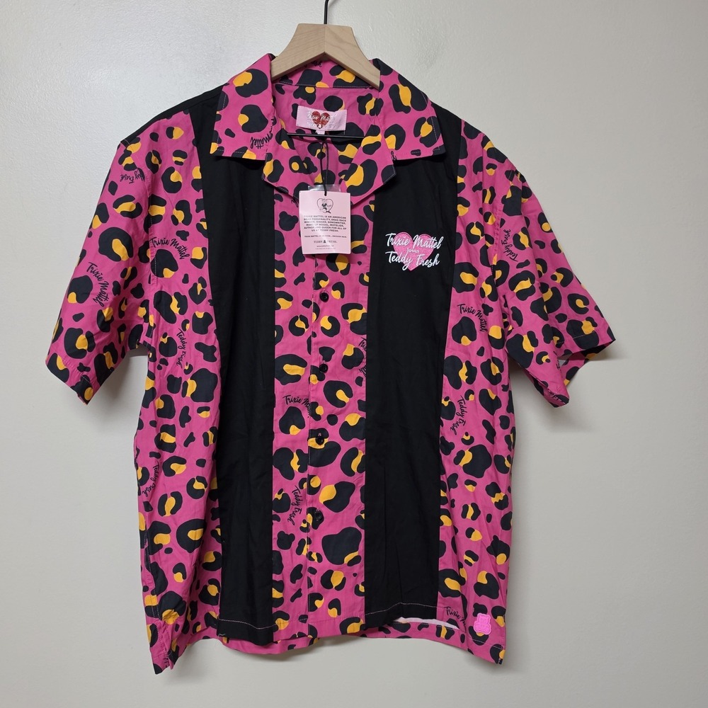 NWT Teddy Fresh X Trixie Mattel Pink Leopard Print Bowling Shirt Retro Sz M